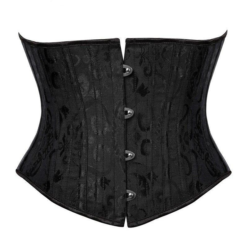 Corset sous-poitrine noir à motif jacquard et fermeture busk métallique