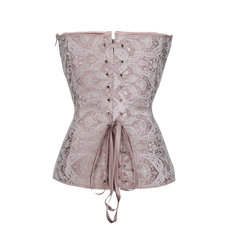 Corset en satin sans bretelles à motif paisley gaufré et décolleté froncé