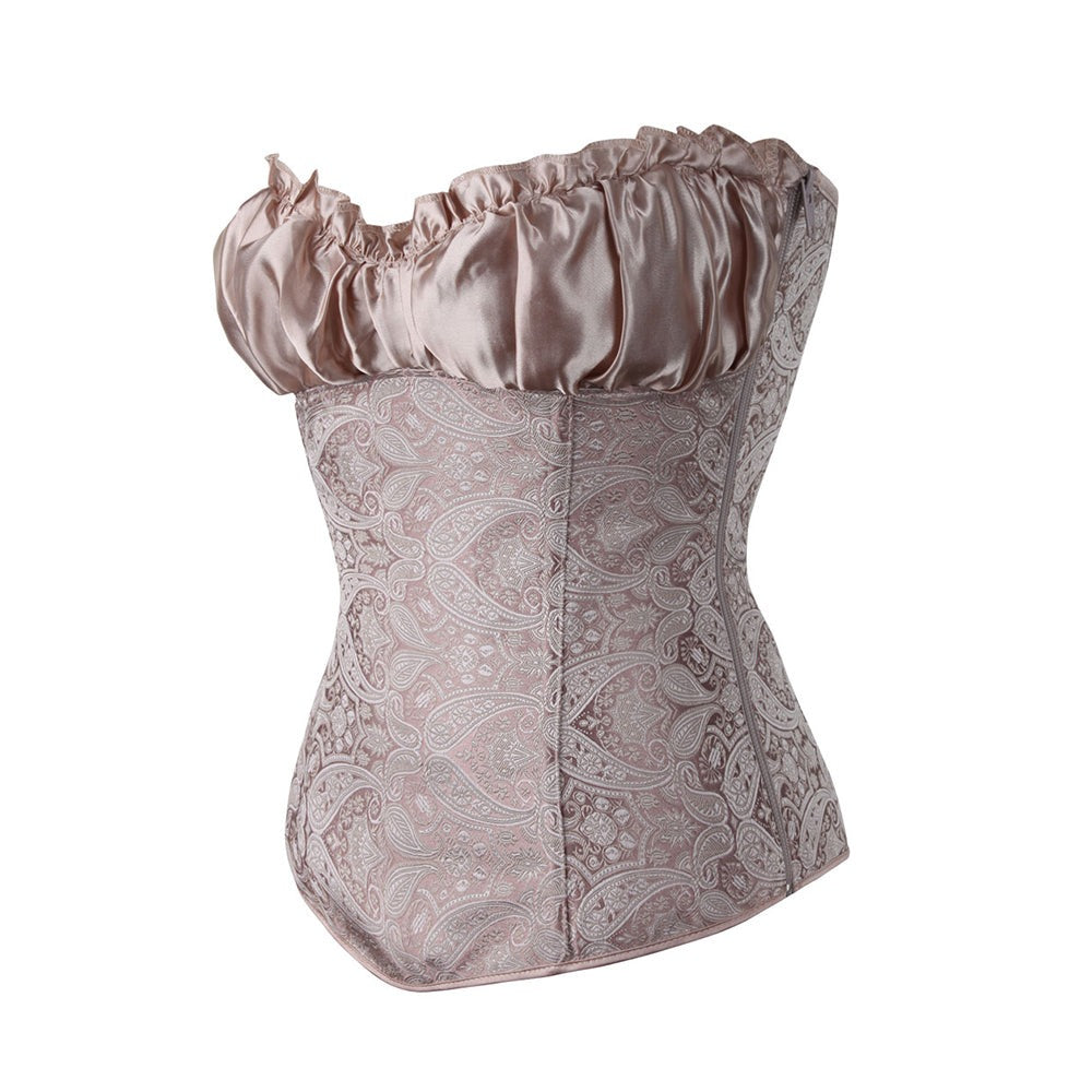 Corset en satin sans bretelles à motif paisley gaufré et décolleté froncé