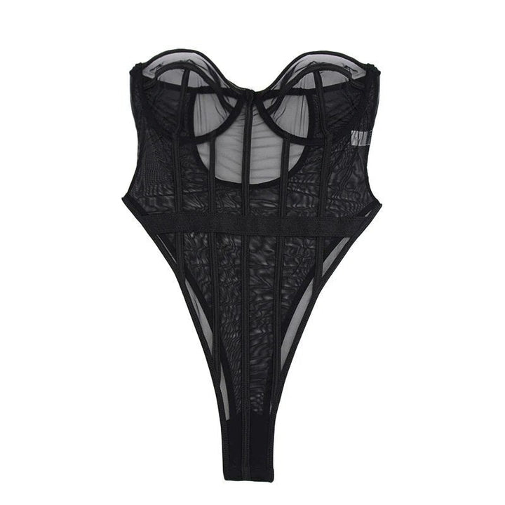 Body sans bretelles en résille semi-transparente à coutures verticales