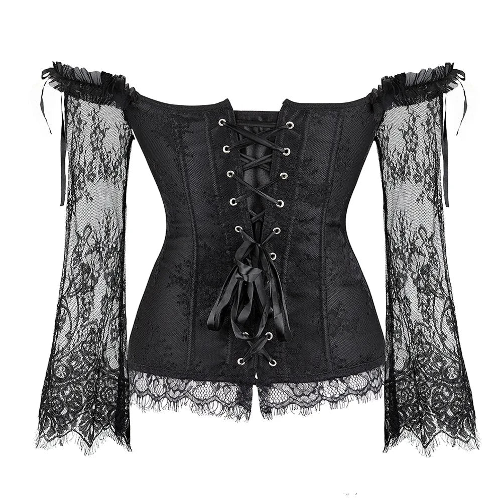 Corset sculptant à manches longues en dentelle et décolleté espagnol
