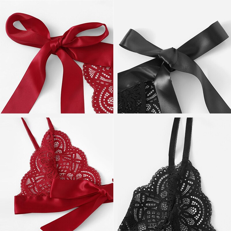 Ensemble de lingerie en dentelle à nœuds en satin et soutien-gorge bralette souple