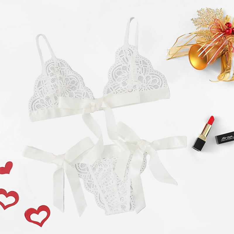 Ensemble de lingerie en dentelle à nœuds en satin et soutien-gorge bralette souple