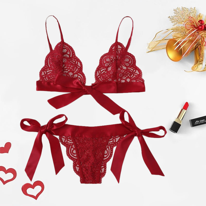 Ensemble de lingerie en dentelle à nœuds en satin et soutien-gorge bralette souple