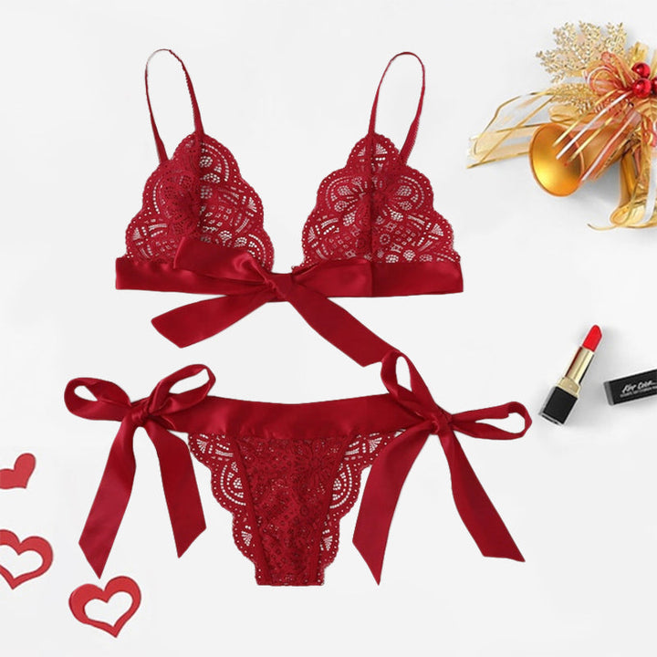 Ensemble de lingerie en dentelle à nœuds en satin et soutien-gorge bralette souple