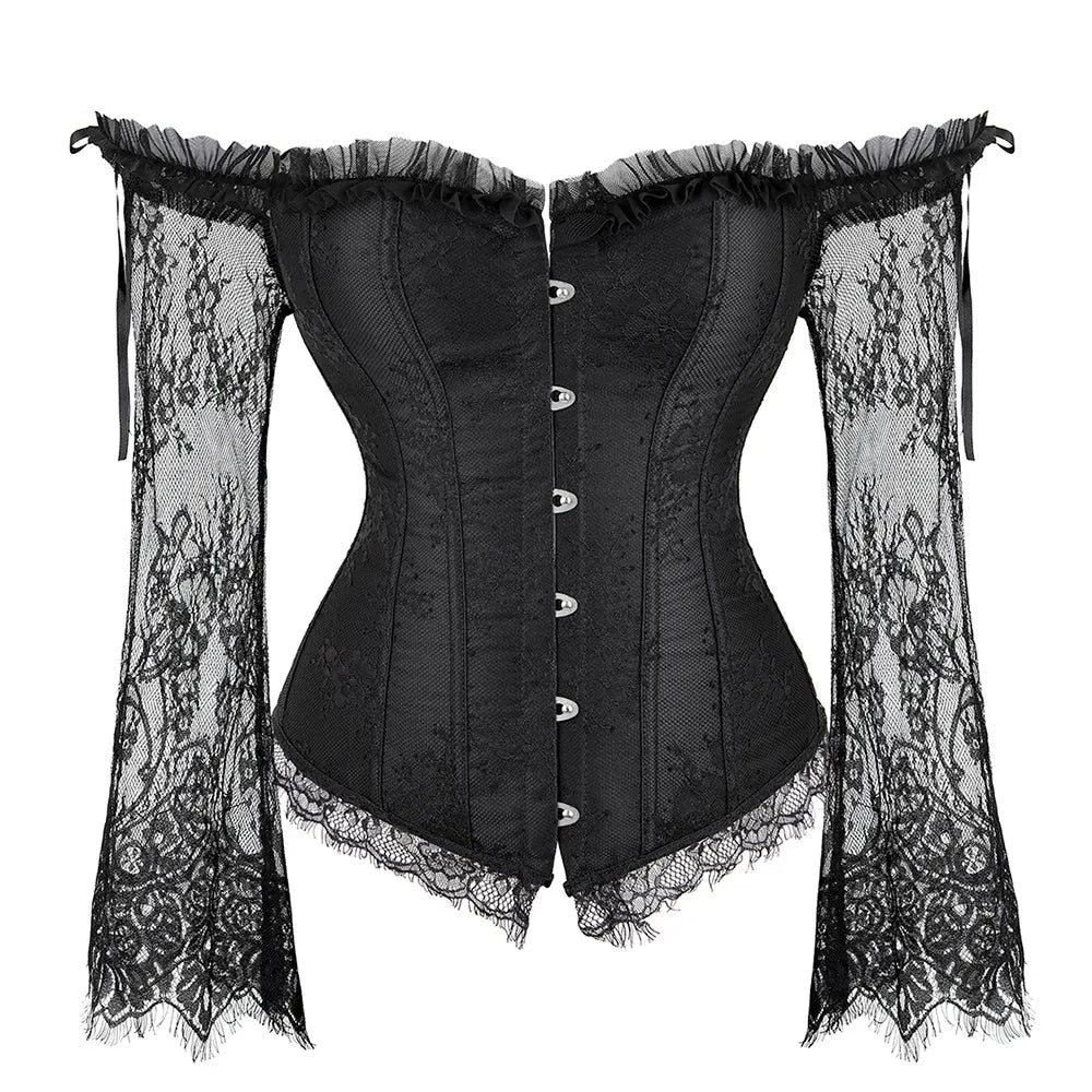 Corset sculptant à manches longues en dentelle et décolleté espagnol