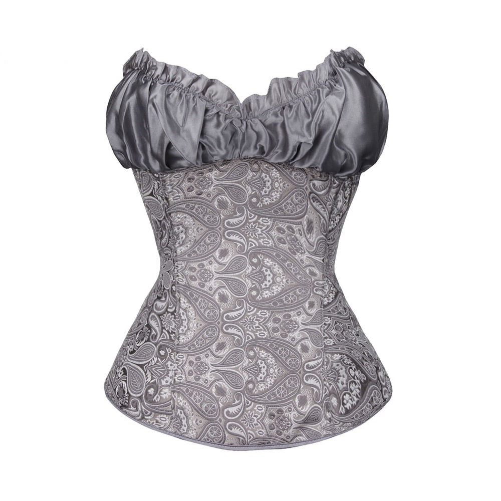 Corset en satin sans bretelles à motif paisley gaufré et décolleté froncé