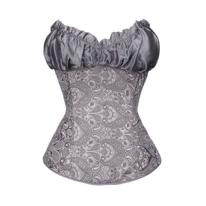 Corset en satin sans bretelles à motif paisley gaufré et décolleté froncé