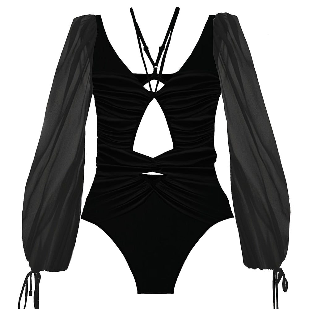 Maillot de bain une pièce à manches bouffantes en résille et découpes sensuelles