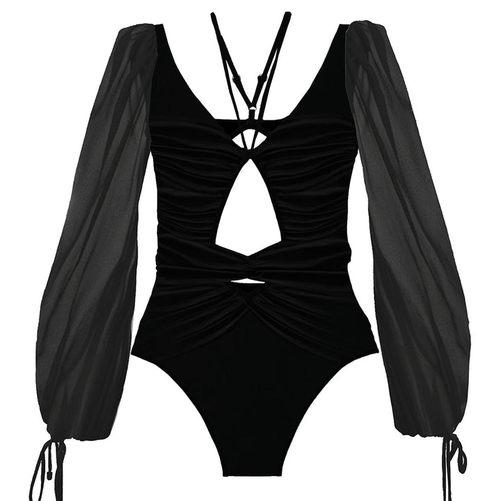 Maillot de bain une pièce à manches bouffantes en résille et découpes sensuelles