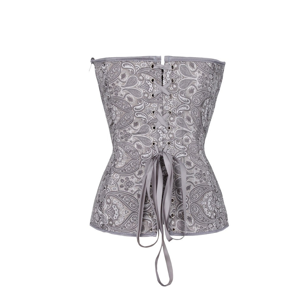 Corset en satin sans bretelles à motif paisley gaufré et décolleté froncé