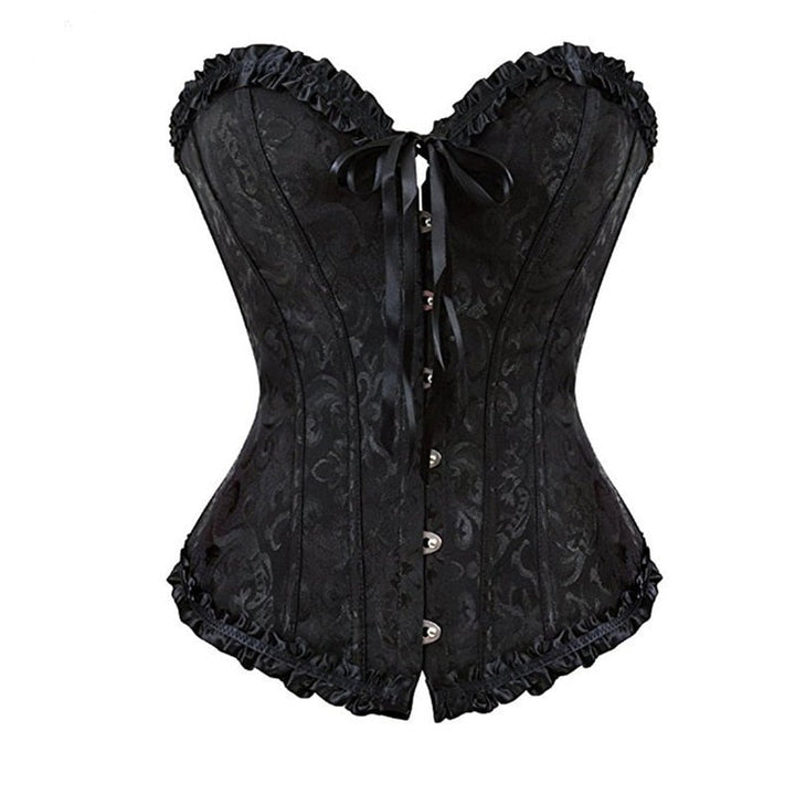 Corset overbust à motif jacquard, volants en satin et fermeture traditionnelle