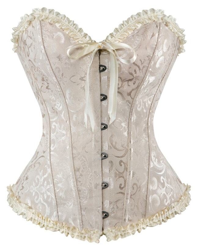 Corset overbust à motif jacquard, volants en satin et fermeture traditionnelle