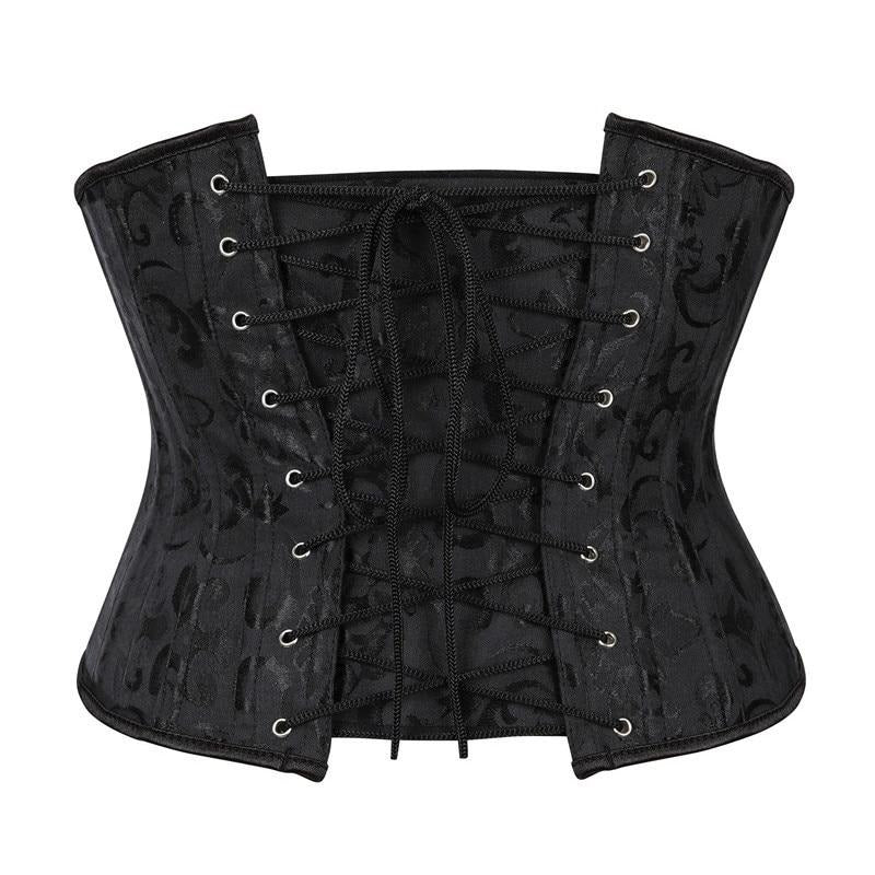 Corset sous-poitrine noir à motif jacquard et fermeture busk métallique