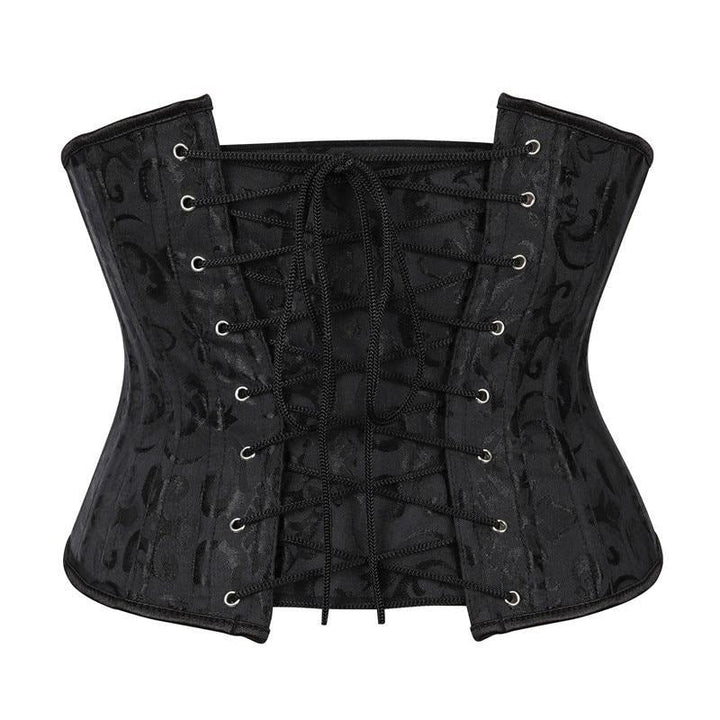 Corset sous-poitrine noir à motif jacquard et fermeture busk métallique