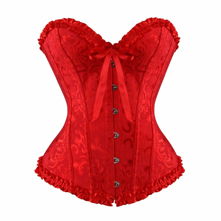 Corset overbust à motif jacquard, volants en satin et fermeture traditionnelle