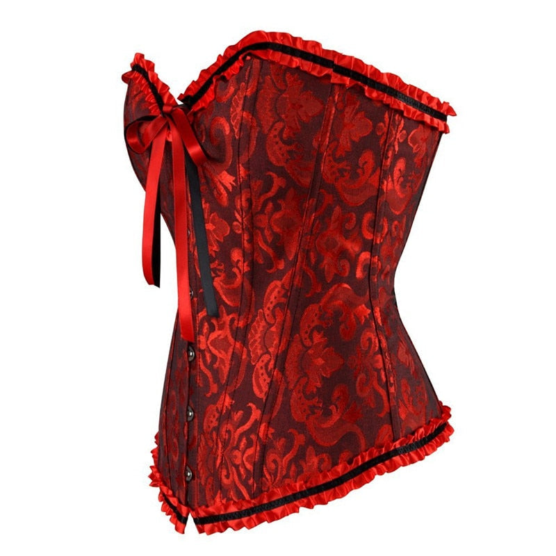 Corset overbust à motif jacquard, volants en satin et fermeture traditionnelle