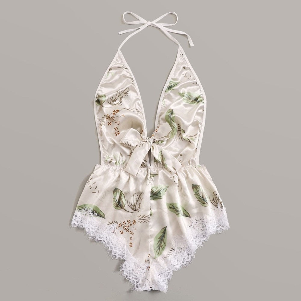 Combishort de nuit en satin dos nu à dentelle