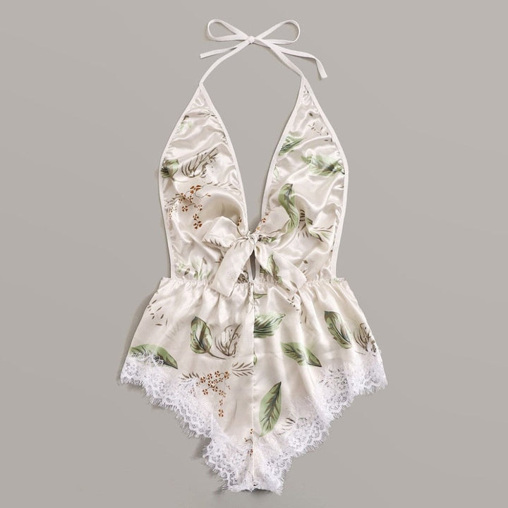 Combishort de nuit en satin dos nu à dentelle
