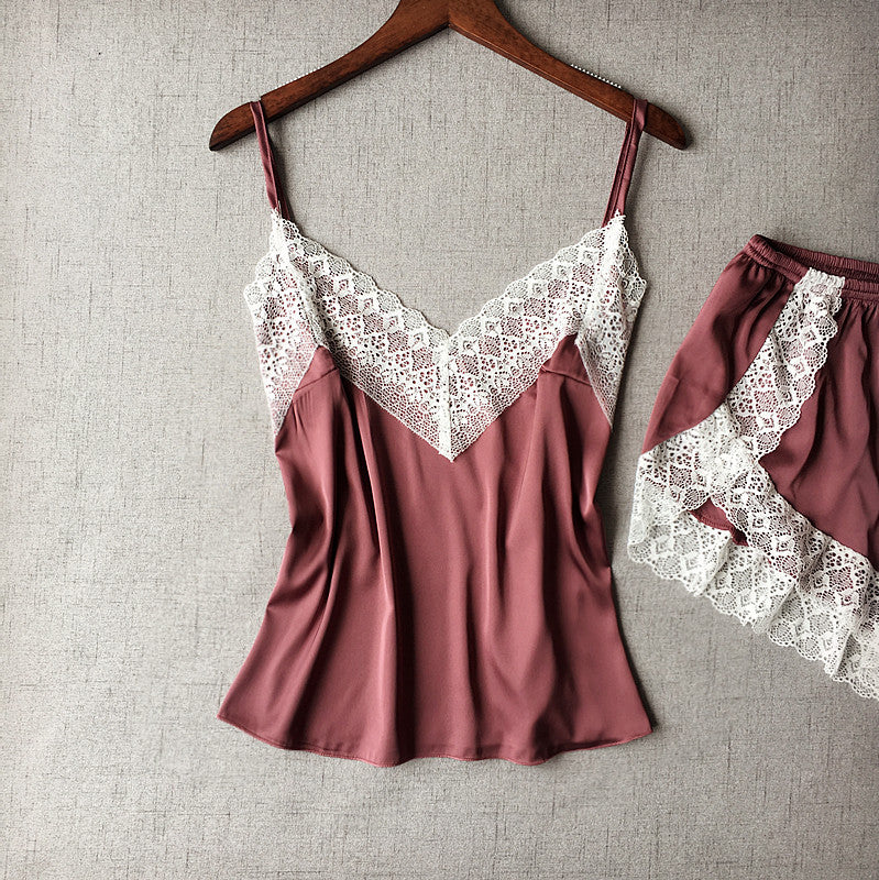 Ensemble de lingerie de nuit en satin à dentelle blanche et bretelles réglables