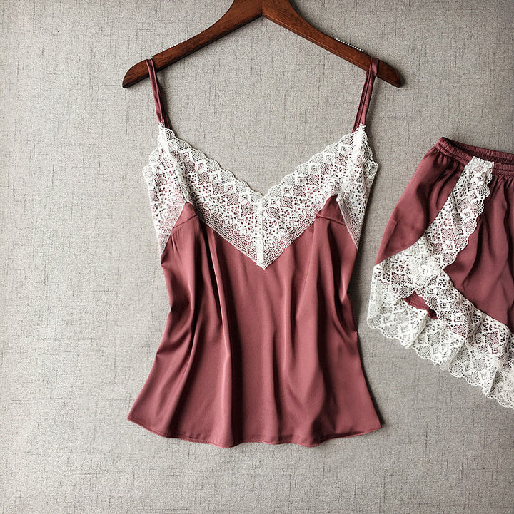 Ensemble de lingerie de nuit en satin à dentelle blanche et bretelles réglables
