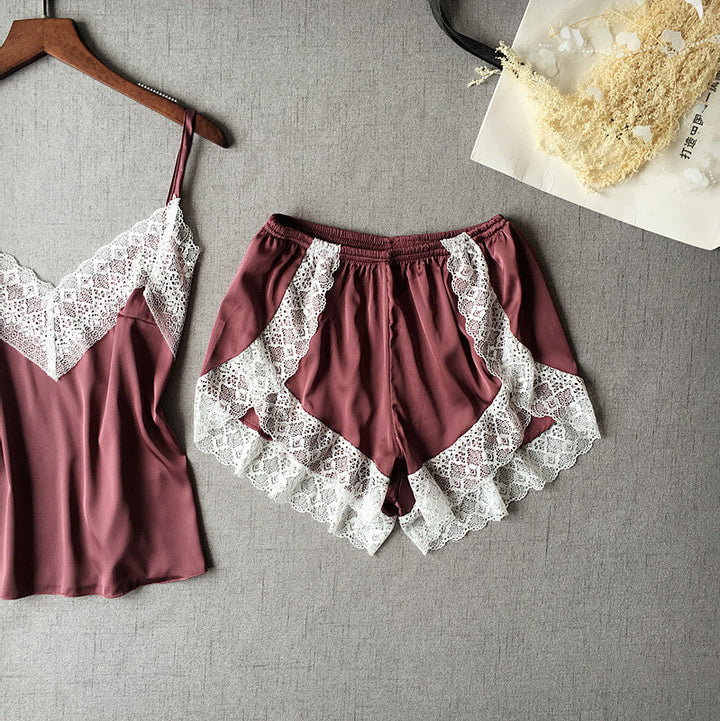 Ensemble de lingerie de nuit en satin à dentelle blanche et bretelles réglables