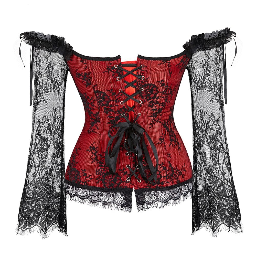Corset sculptant à manches longues en dentelle et décolleté espagnol