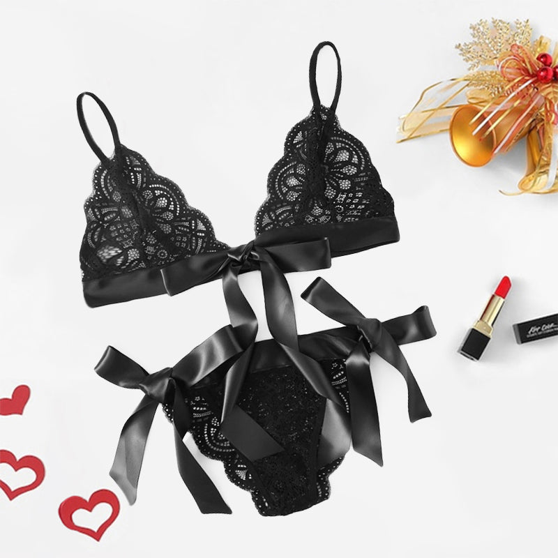 Ensemble de lingerie en dentelle à nœuds en satin et soutien-gorge bralette souple