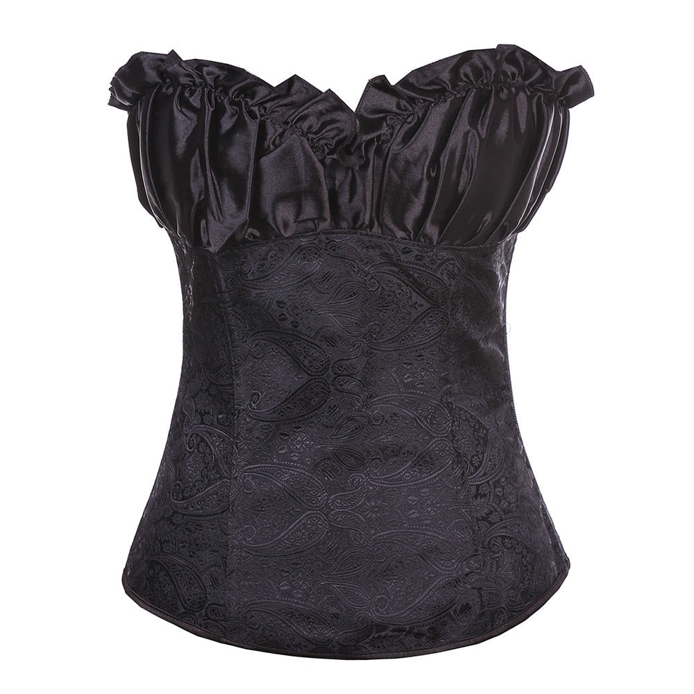 Corset en satin sans bretelles à motif paisley gaufré et décolleté froncé