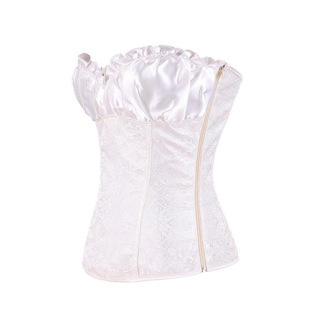 Corset en satin sans bretelles à motif paisley gaufré et décolleté froncé