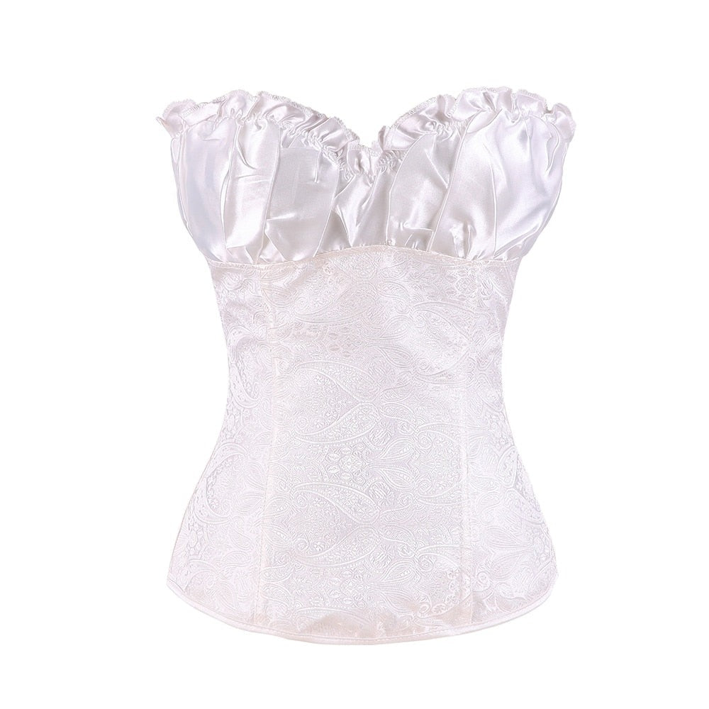 Corset en satin sans bretelles à motif paisley gaufré et décolleté froncé