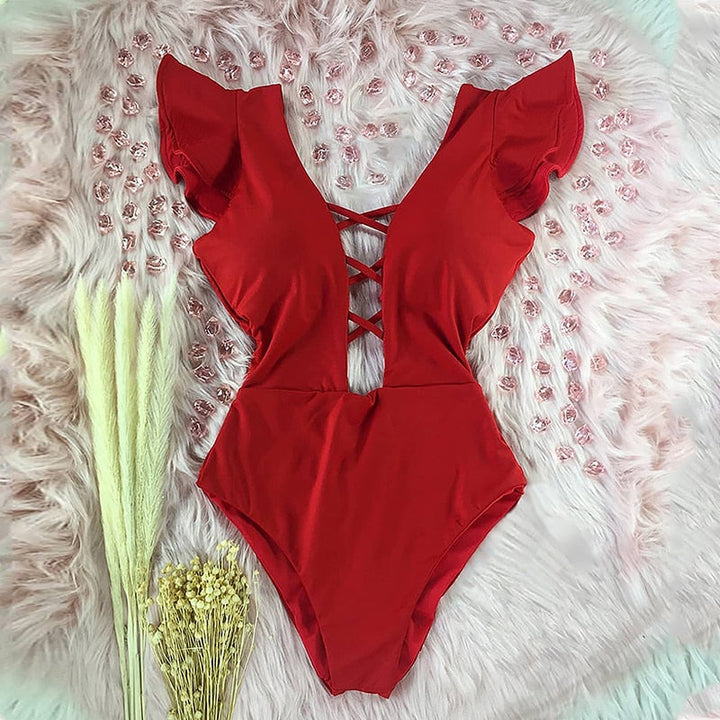 Maillot de bain une pièce à volants décoratifs et laçage au décolleté