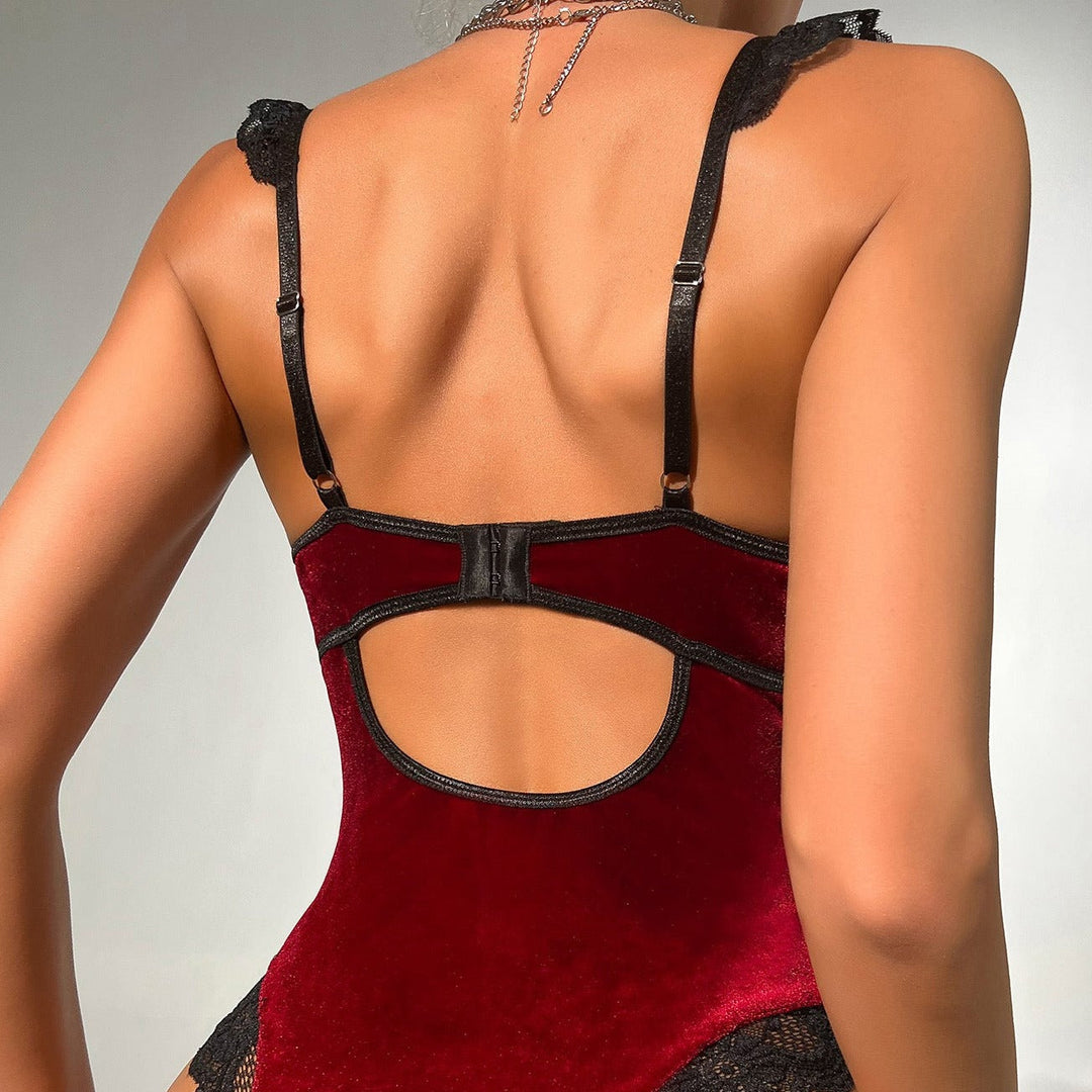 Body en velours à insert en dentelle
