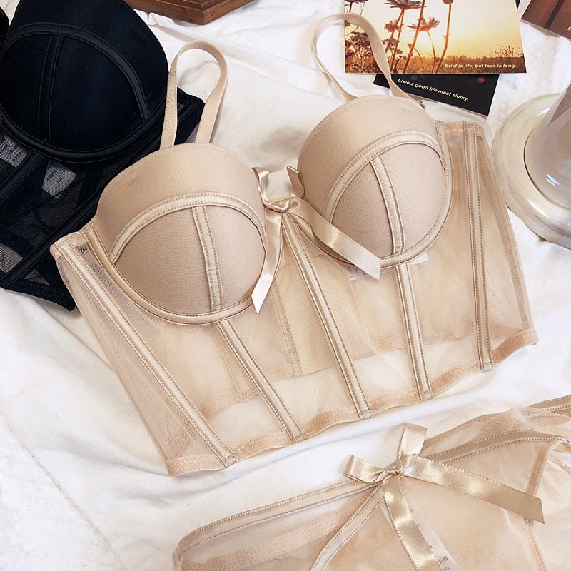 Ensemble de lingerie 2 pièces coupe corset avec résille semi-transparente et nœuds