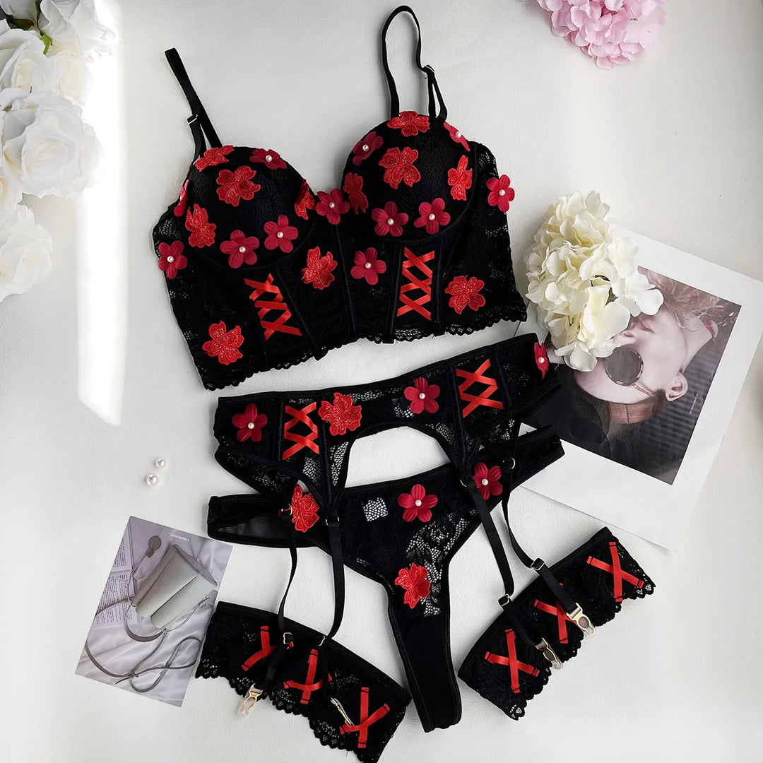 Ensemble de lingerie en dentelle 4 pièces à fleurs