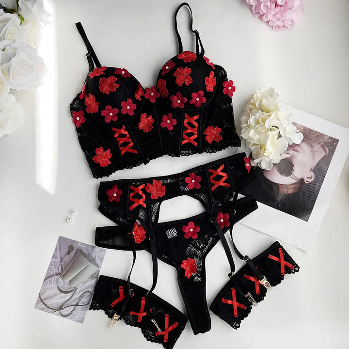 Ensemble de lingerie en dentelle 4 pièces à fleurs