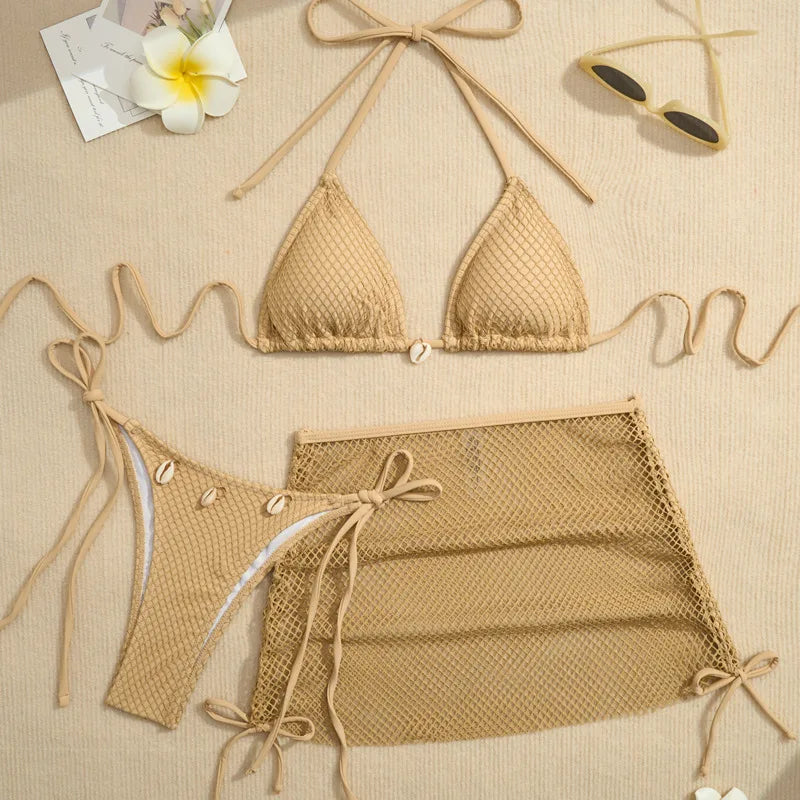 Ensemble bikini 3 pièces à jupette en résille
