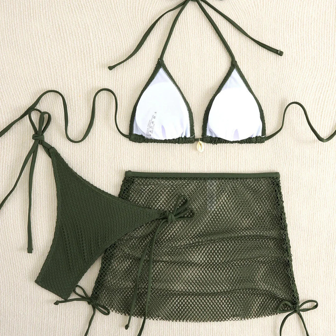 Ensemble bikini 3 pièces à jupette en résille