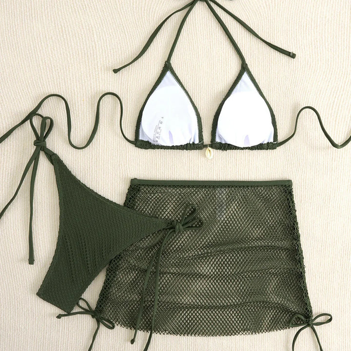 Ensemble bikini 3 pièces à jupette en résille
