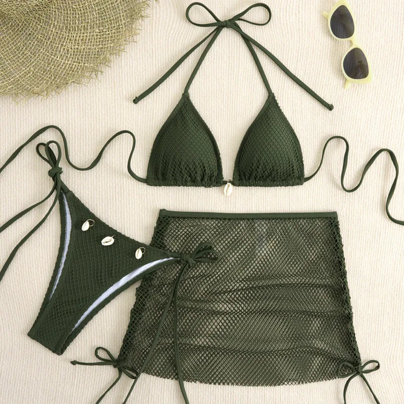 Ensemble bikini 3 pièces à jupette en résille