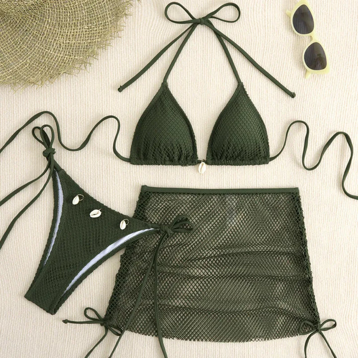Ensemble bikini 3 pièces à jupette en résille