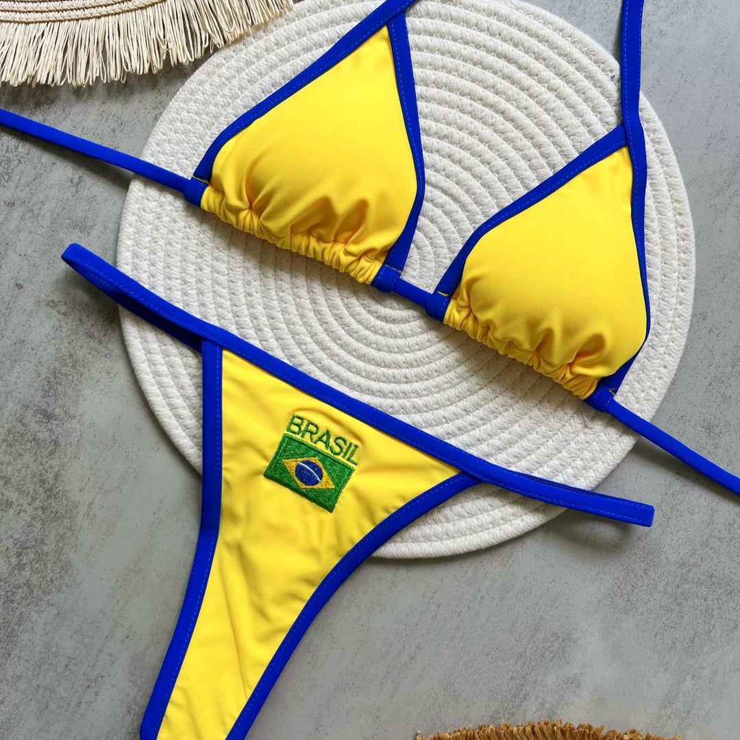 Bikini brésilien 2 pièces à bonnets triangle et broderie Brasil