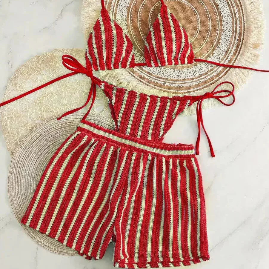 Ensemble de plage 3 pièces avec shorty en résille