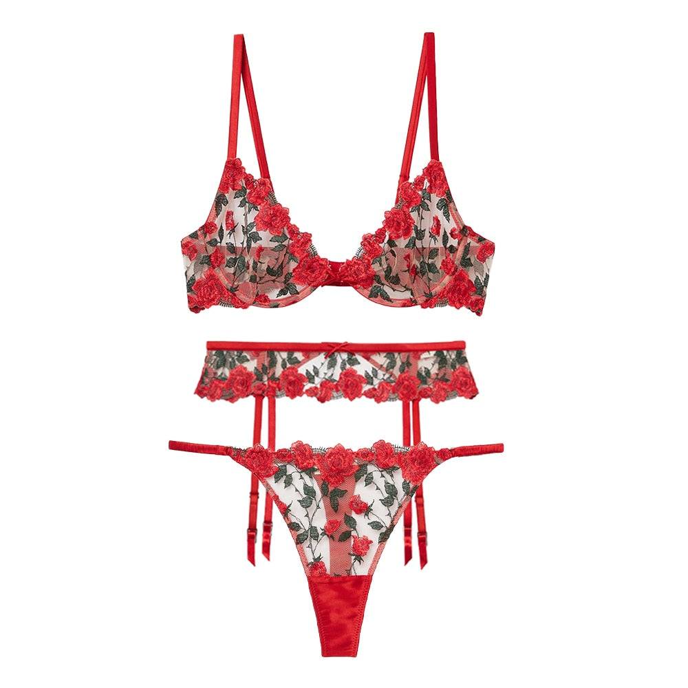 Ensemble de lingerie en dentelle 3 pièces à motif de roses