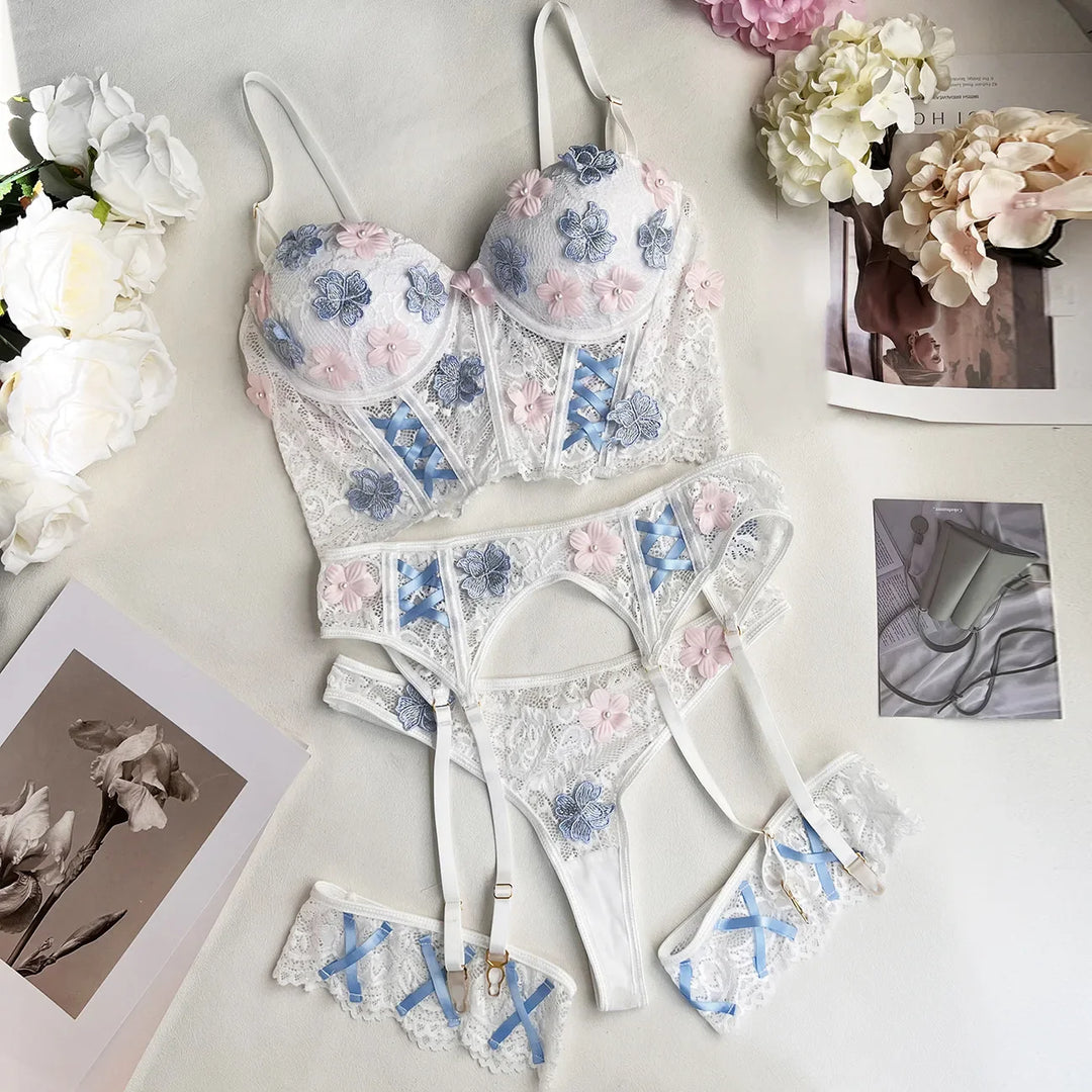 Ensemble de lingerie en dentelle 4 pièces à fleurs