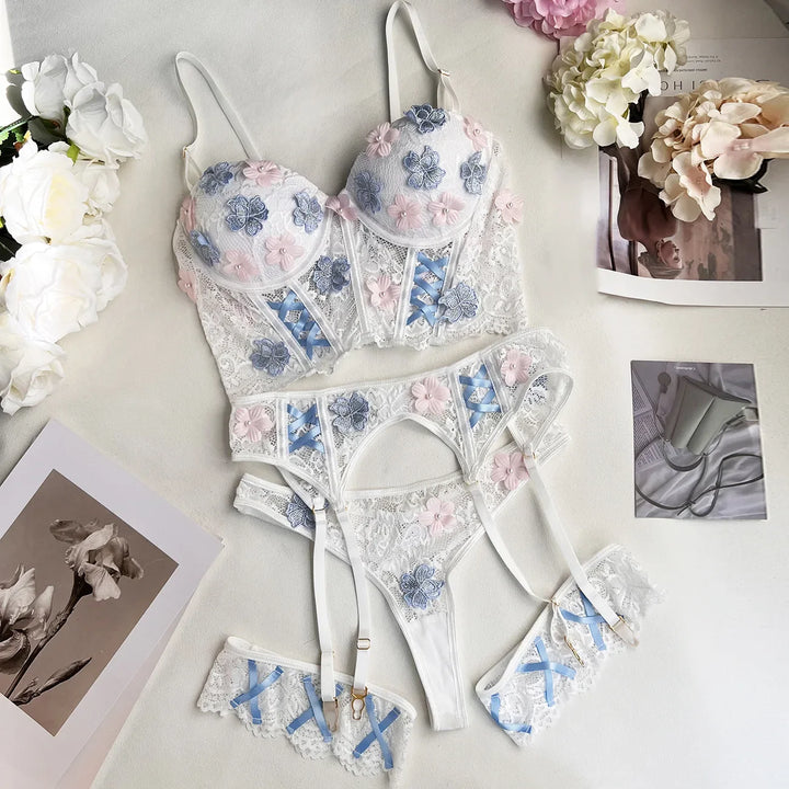 Ensemble de lingerie en dentelle 4 pièces à fleurs