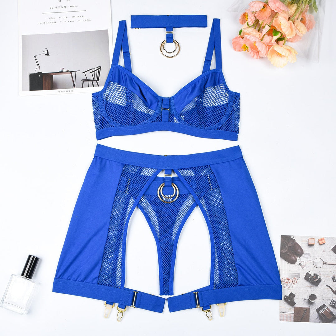 Ensemble de lingerie 3 pièces avec ras-de-cou, résille et anneaux métalliques