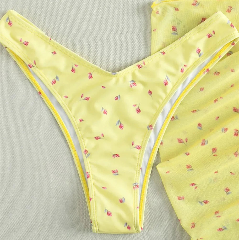 Ensemble bikini 3 pièces à fleurs