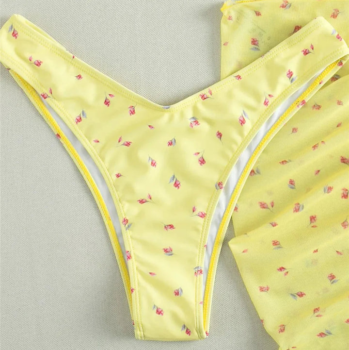 Ensemble bikini 3 pièces à fleurs