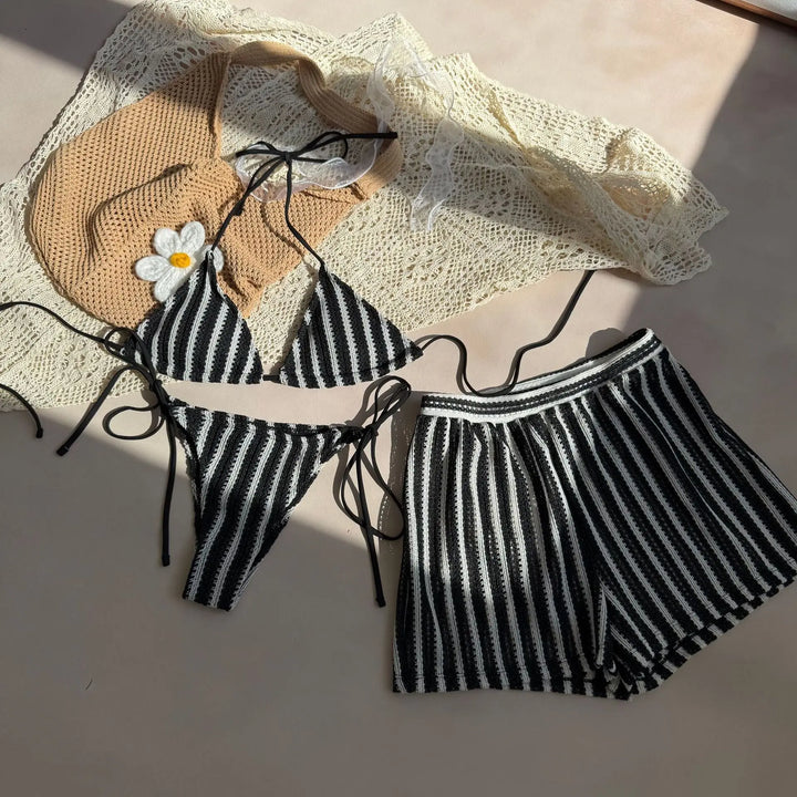 Ensemble de plage 3 pièces avec shorty en résille